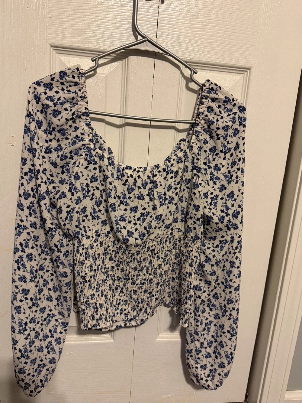 Lush White and Blue Floral Ruffle Peasant Blouse